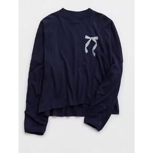 Aerie Navy Blue Long Sleeve Slouchy Oversized V-Neck T-Shirt Bow Size Medium